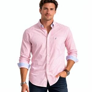 Nautica Active Fit Oxford Shirt Mens 14.5 32/33 Pink White Stripe Button Down